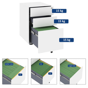 Cassettiera da Ufficio 3 Cassetti  con Serratura e Rotelle 39x48x59 cm in Acciaio Bianco