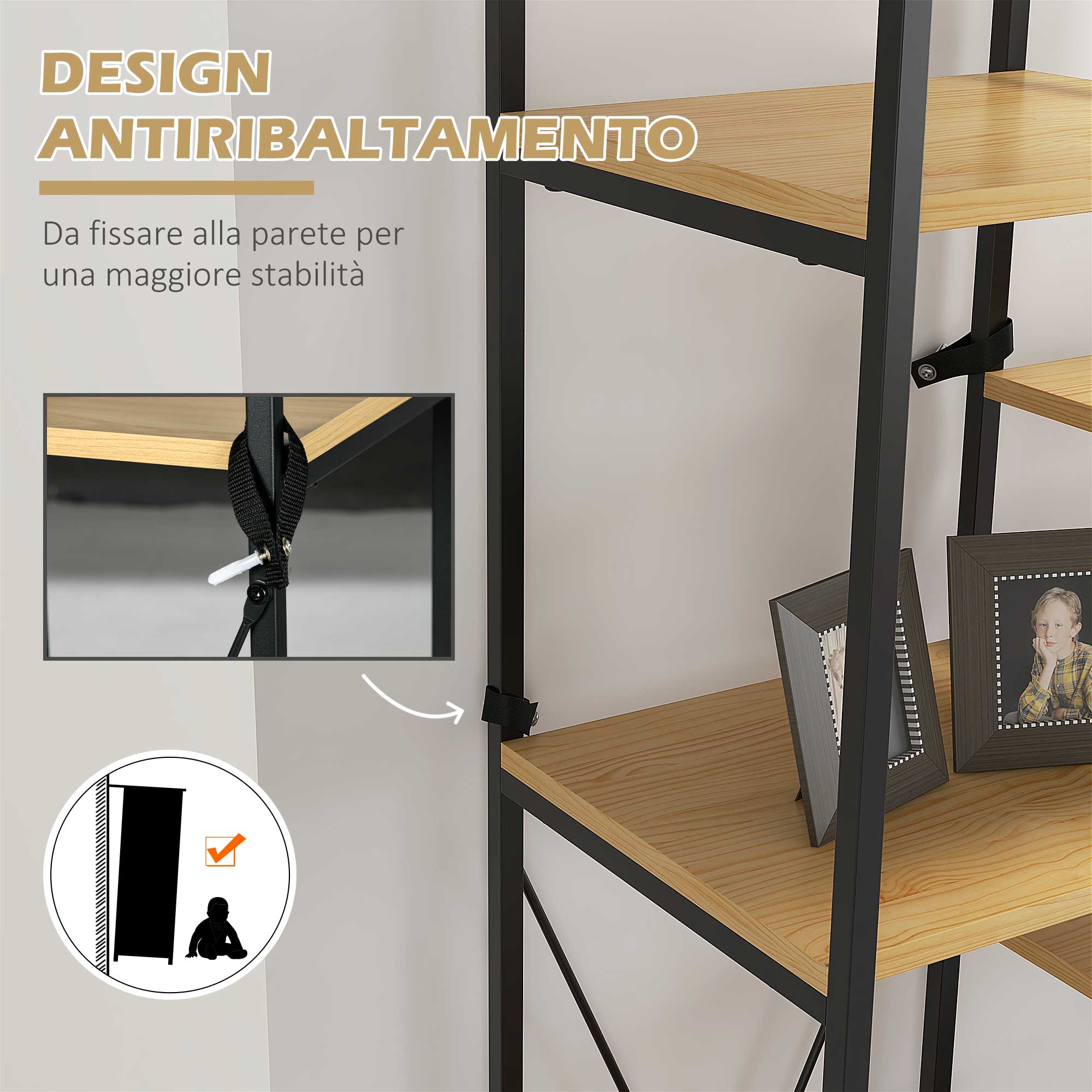 Libreria 10 Livelli 111,5x32x170 cm in Truciolato e Acciaio Naturale e Nero