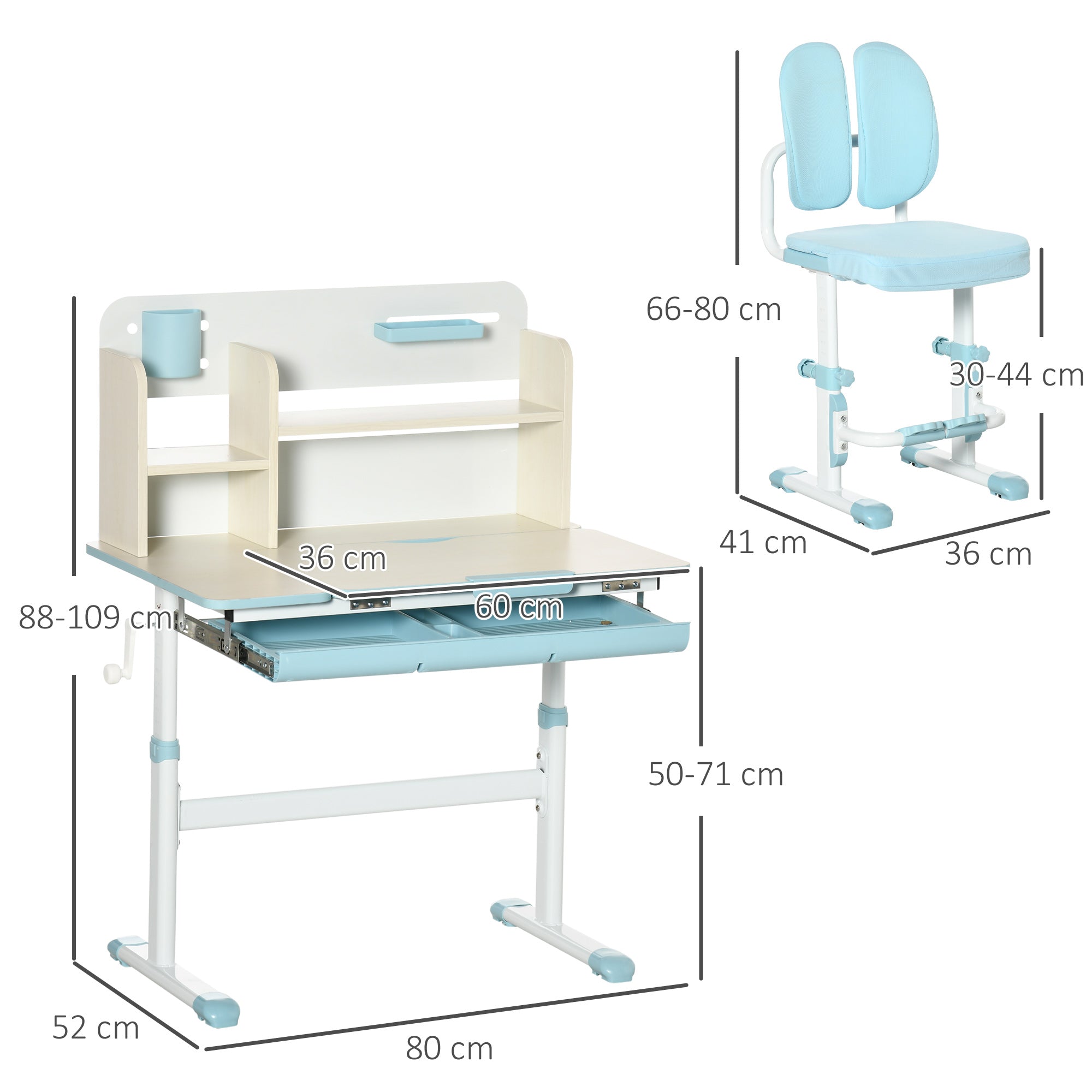 Banco Studio Scuola per Bambini 80x52x88-109 cm in MDF e Acciaio Azzurro