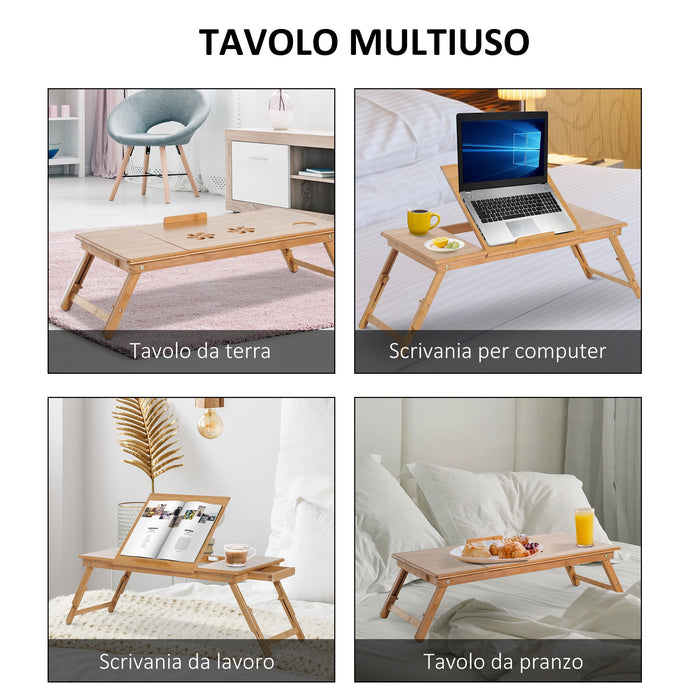 Tavolino da Letto per PC Pieghevole e Inclinabile con Cassetto 72x35x22-30  Colore Legno