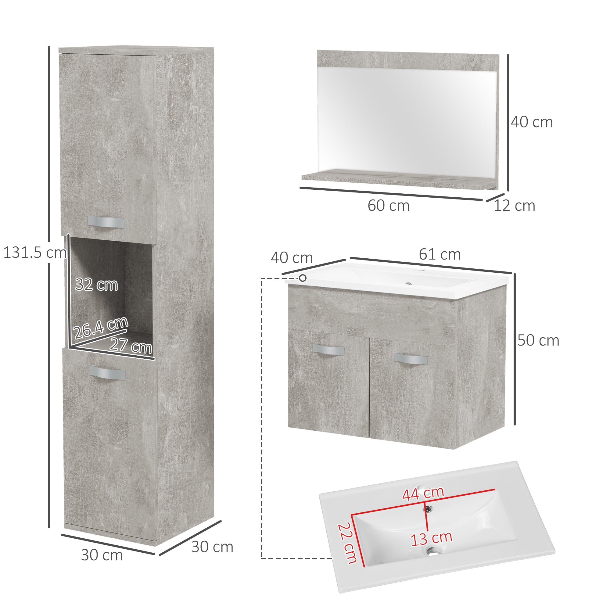 Mobile Bagno Sospeso 60 cm Lavabo Specchio e 1 Pensile Grigio