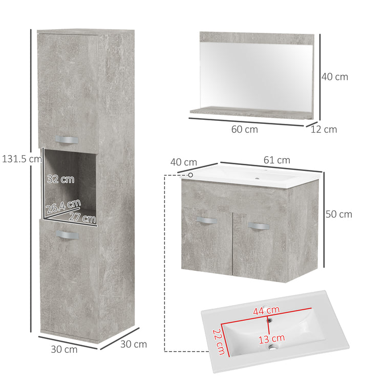 Mobile Bagno Sospeso 60 cm Lavabo Specchio e 1 Pensile Grigio