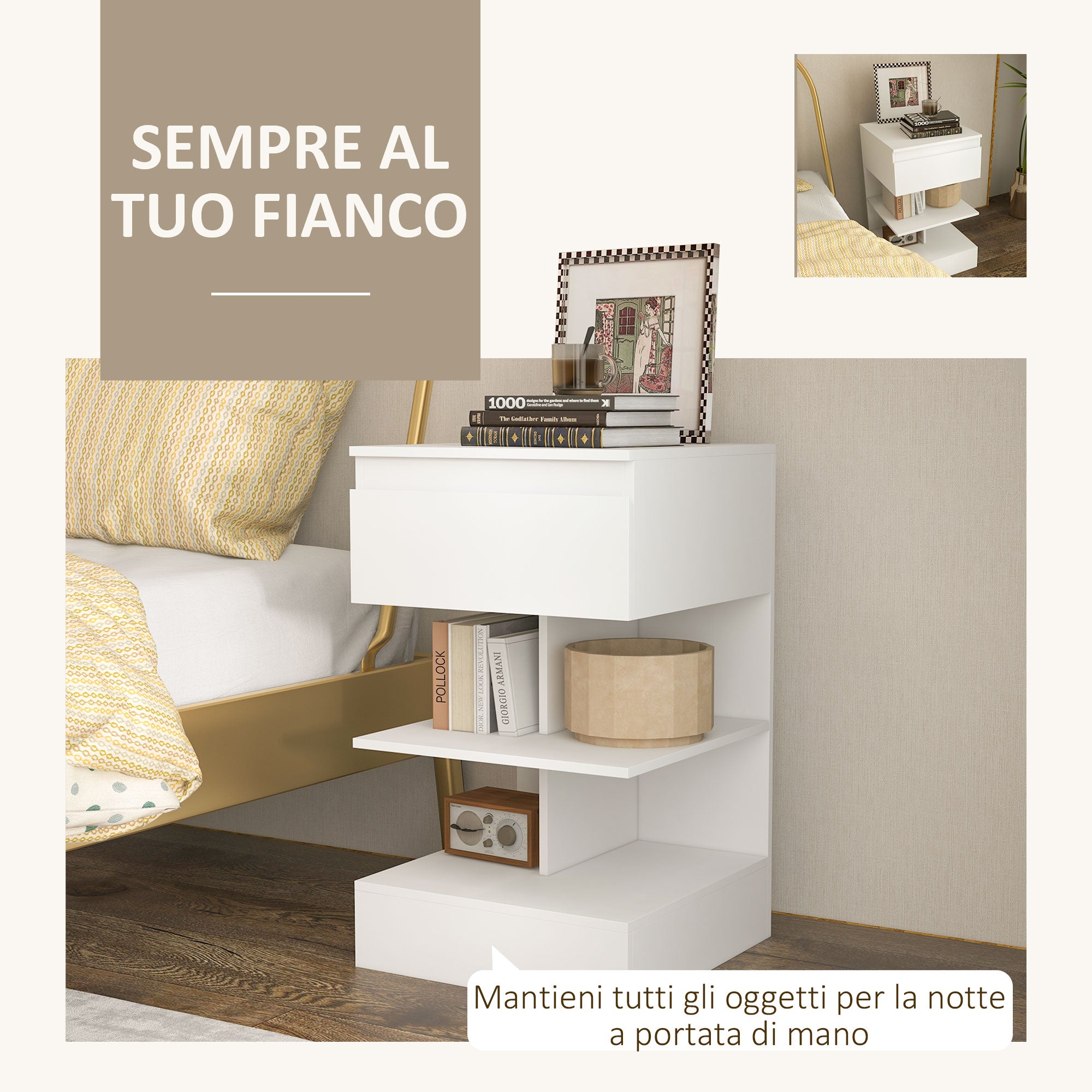 Comodino 39x39x65 cm 2 Ripiani 1 Cassetto in Truciolato Bianco