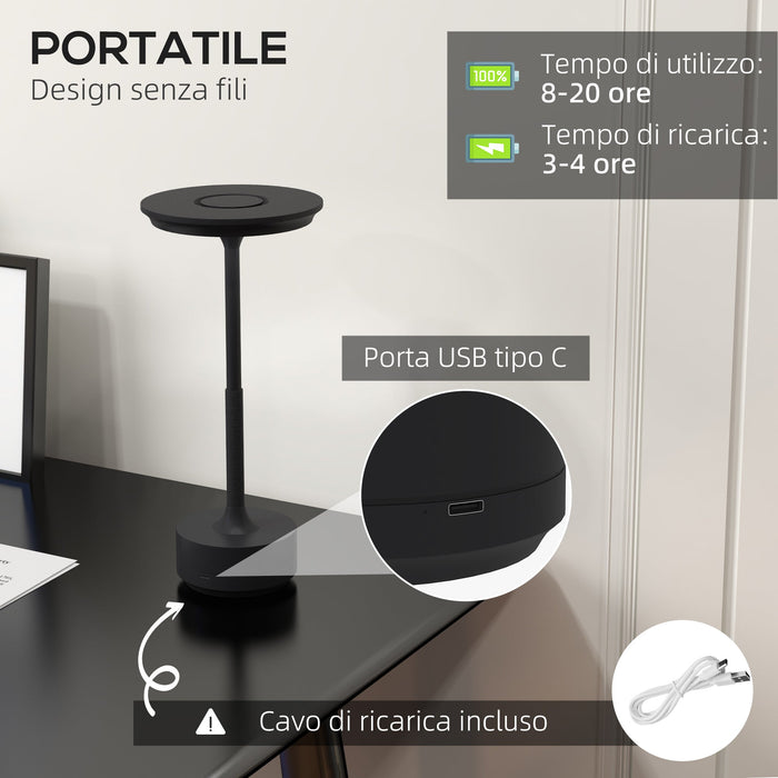 Lampada da Tavolo a LED Senza Filo Touch ⌀13x28,5 cm Batteria Ricaricabile Nero