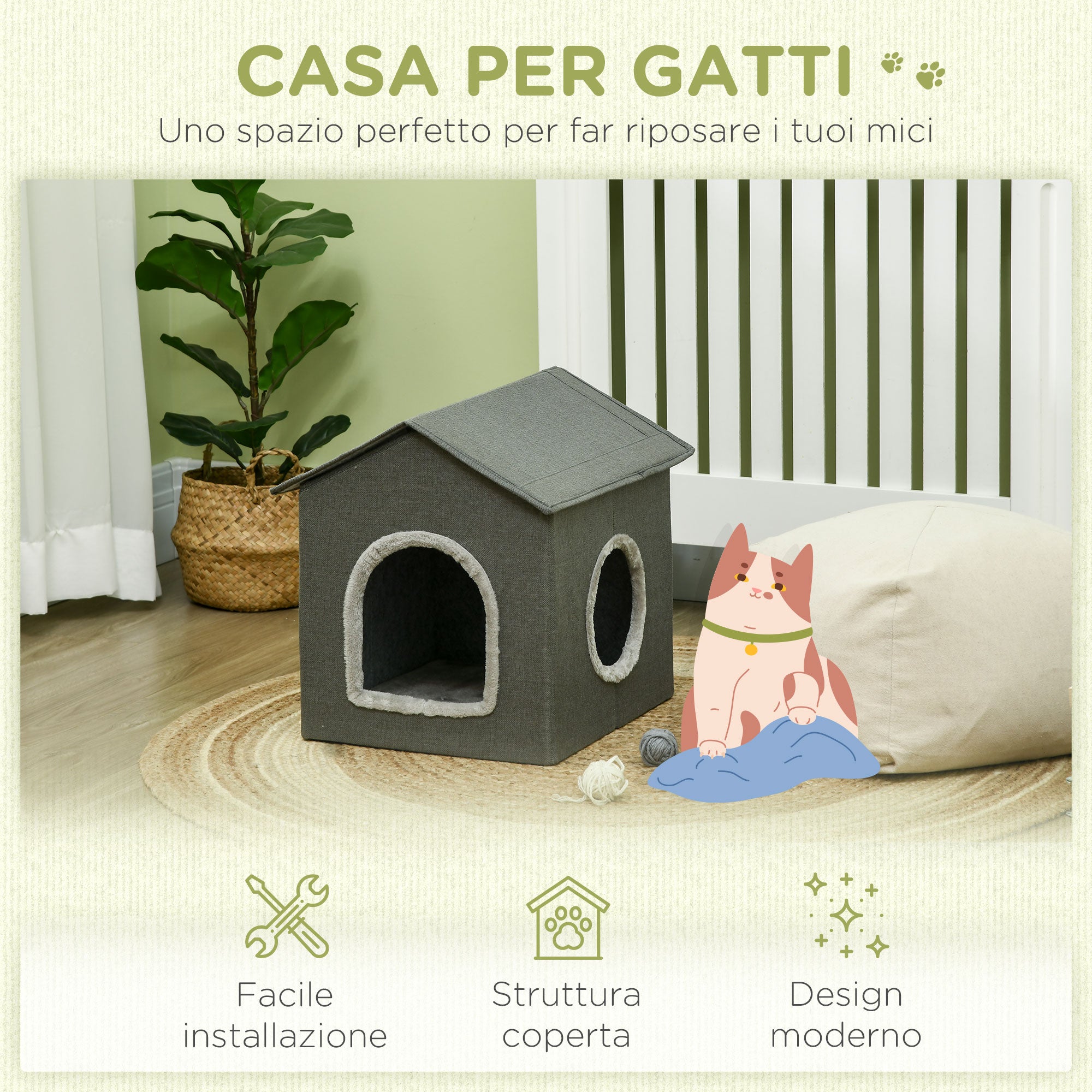 Casetta per Gatti 39x43,5x40,5 cm  2 Entrate con Cuscini Verde