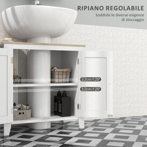 Mobile Sottolavabo Bagno a U con Ripiano Regolabile Interno 60x30x60 cm in MDF Bianco e Legno