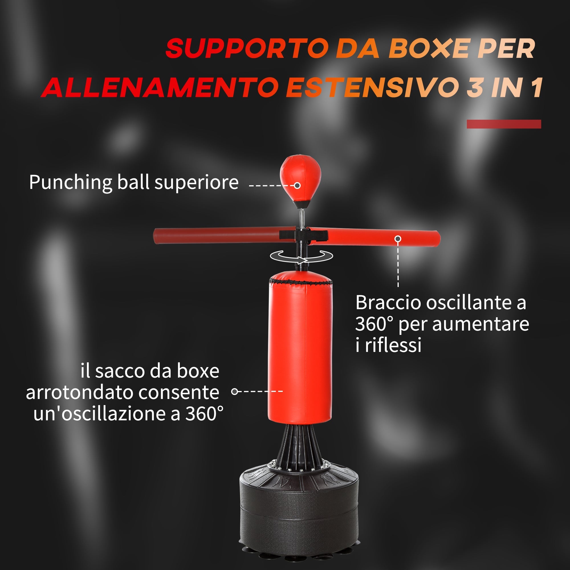 Sacco da Boxe ad Altezza Regolabile 88x48x155-205 cm con Punching Ball e Base Riempibile Rosso e Nero