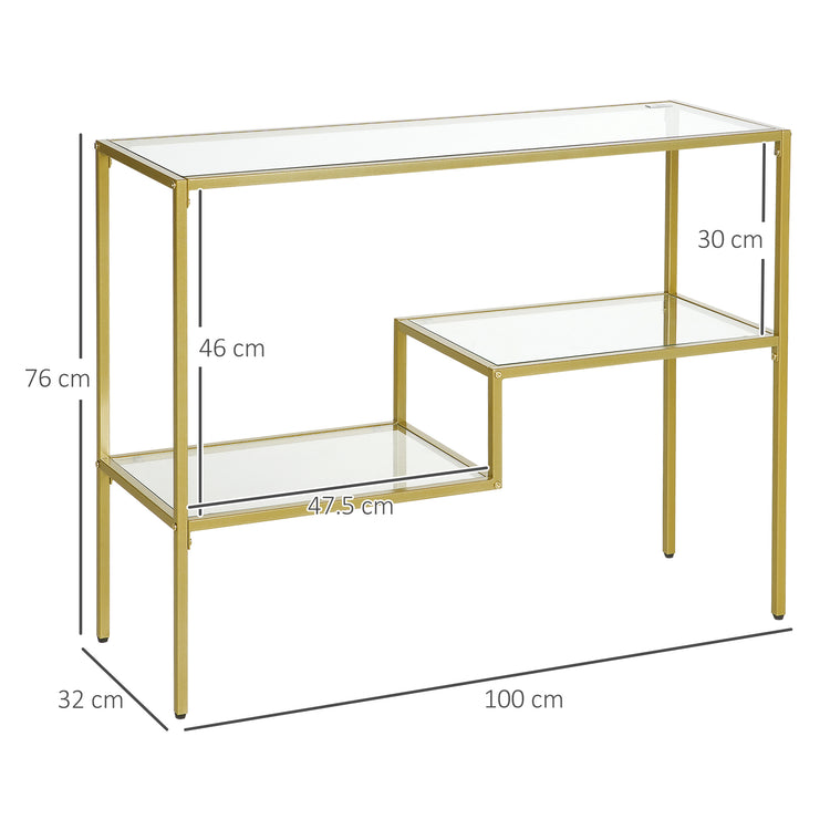 Consolle 3 Ripiani 100x32x76 cm in Acciaio e Vetro Oro