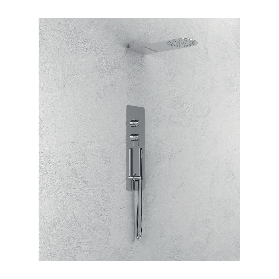 Wall kit a parete da incasso a muro acciaio inox + soffione doccia a parete acciaio inox punta tonda con cascata