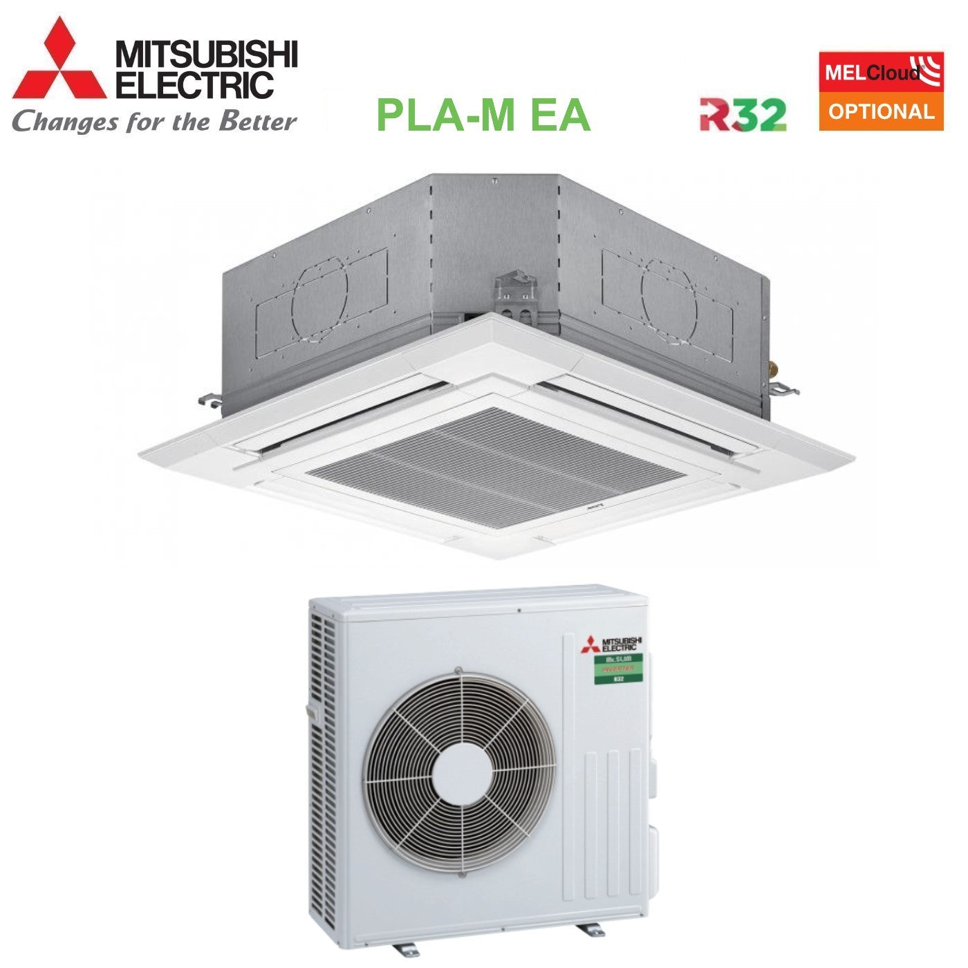 Climatizzatore Condizionatore Mitsubishi Electric Cassetta 90x90 a 4 Vie 24000 Btu  PLA-M71EA + SUZ-M71VA R-32 Wi-Fi Optional con Griglia Inclusa