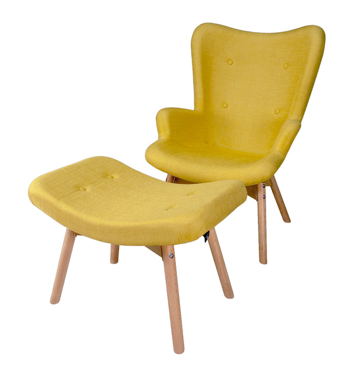 Poltrona con pouf poggiapiedi in stile scandinavo con piedi in legno - Colore: Giallo - PLSG16PL