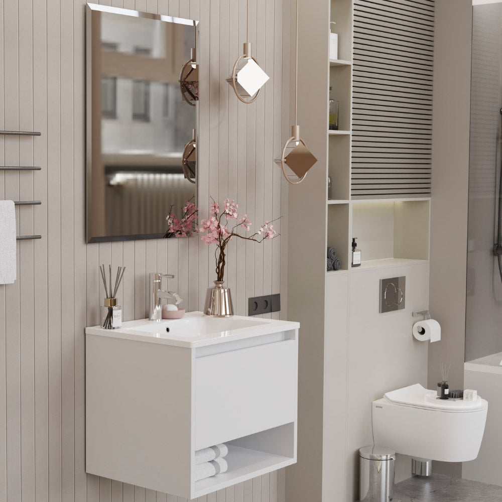 Mobile Bagno Sospeso 60 cm Lavabo e Specchio Milano Bianco Lucido