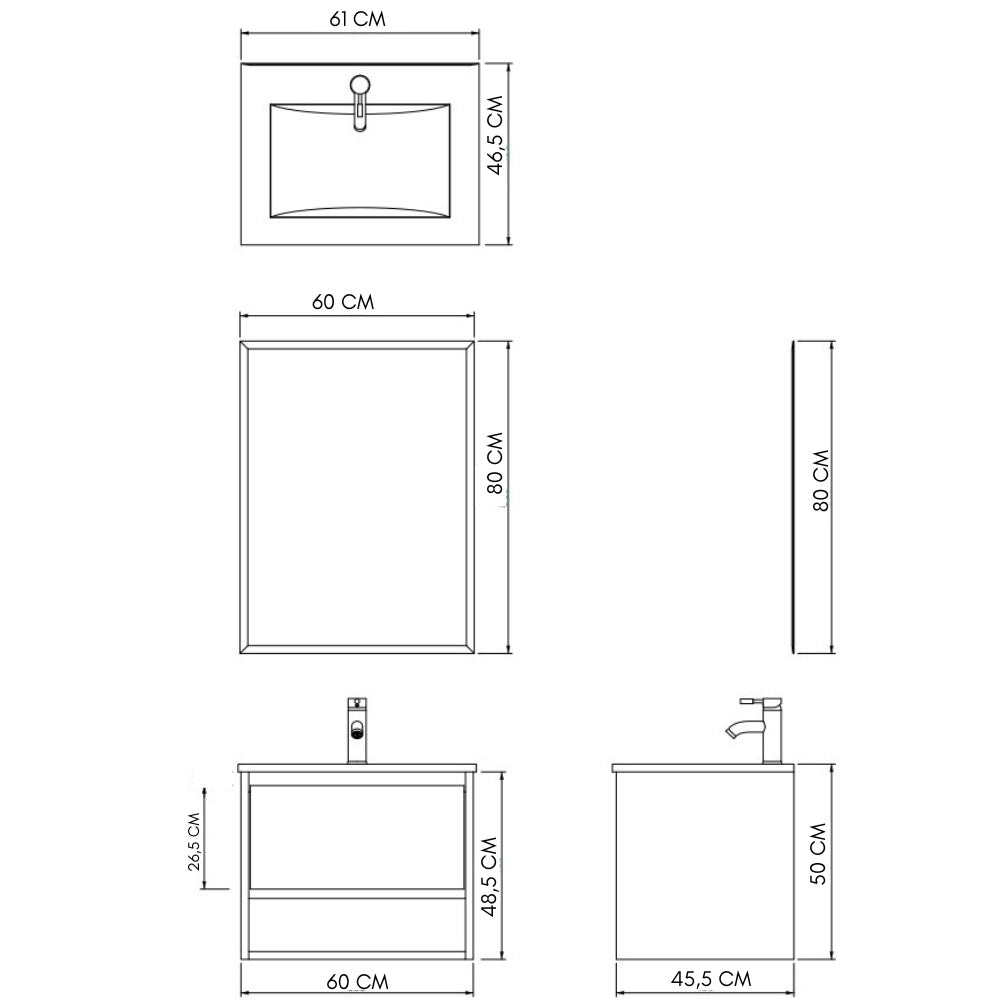 Mobile Bagno Sospeso 60 cm Lavabo e Specchio Milano Bianco Lucido