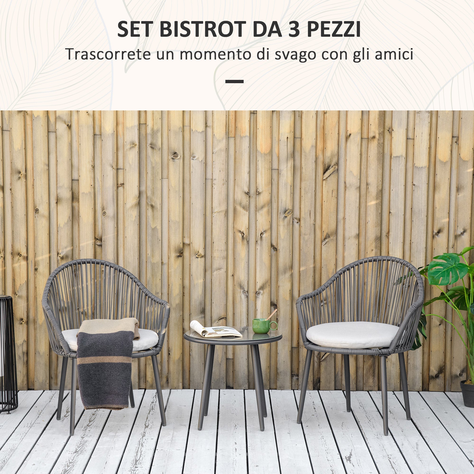 Set Tavolino da Caffè con Piano in Vetro e 2 poltroncine da Giardino in Rattan con Cuscini Grigio