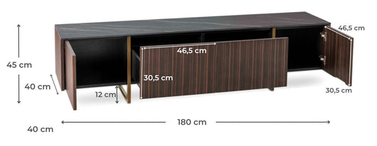 Mobile TV 40x180x45 cm in MDF e Ceramica Marmo Omega Nero