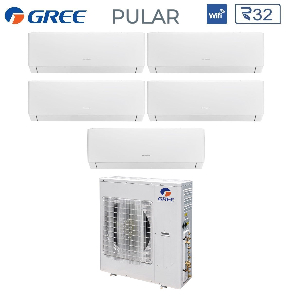 Climatizzatore Condizionatore Gree Penta Split Inverter serie PULAR 9+9+12+12+12 con GWHD(42)NK6LO R-32 Wi-Fi Integrato 9000+9000+12000+12000+12000