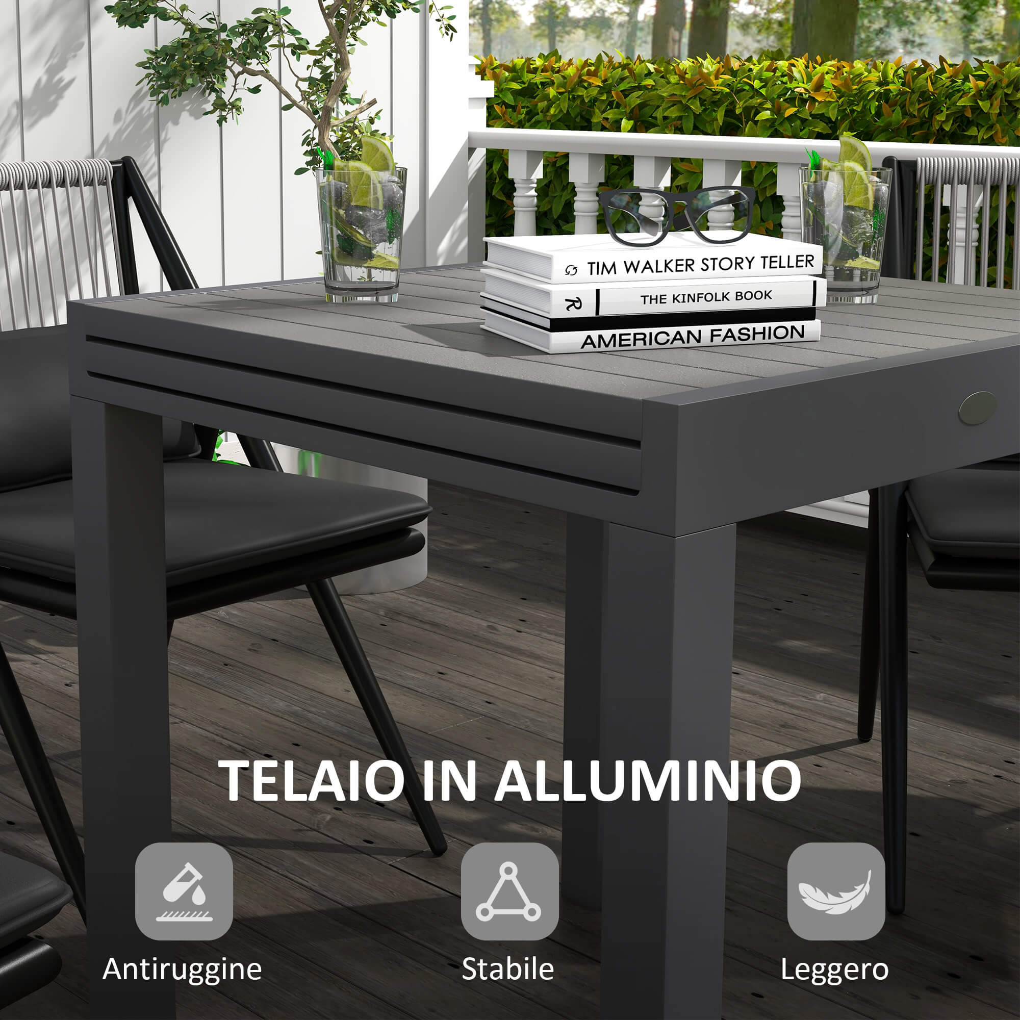 Tavolo da Giardino Allungabile per 4-6 Persone 81/162x80x75 cm in Alluminio con Piano a Doghe Grigio