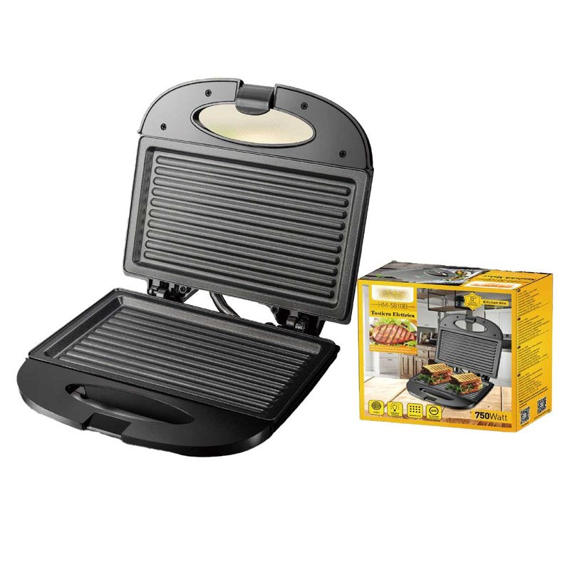 Piastra Tostapane 750W Tostiera Elettrica con Rivestamento Antiaderente Piastra Tosta e Griglia Misura 21x12cm Nero