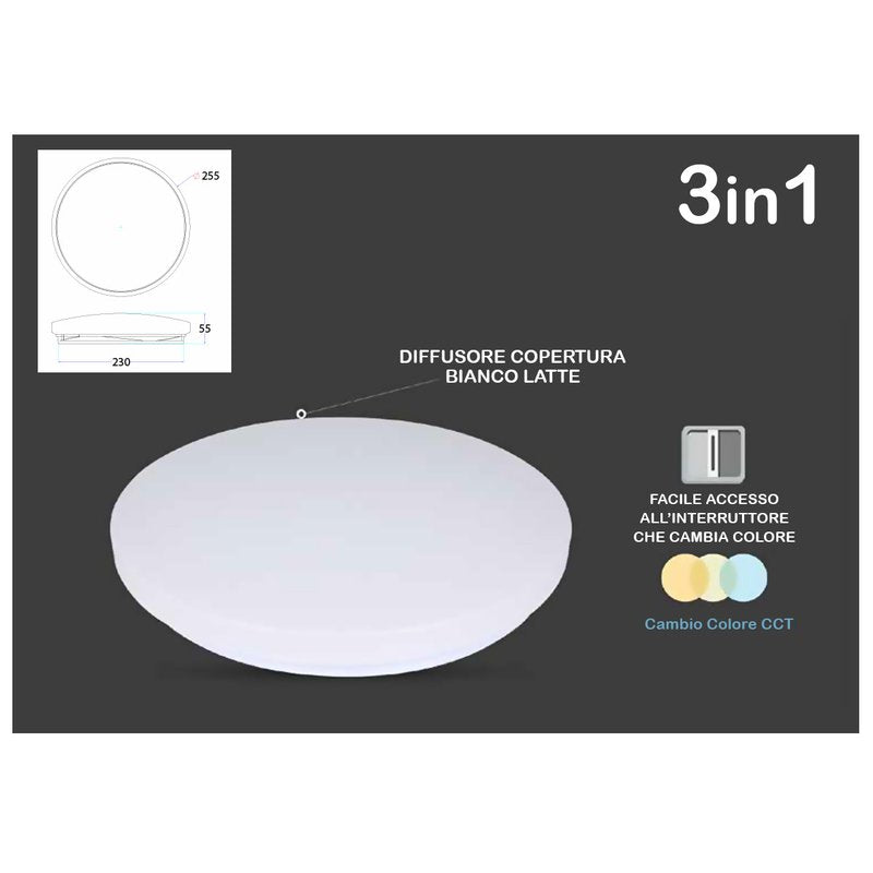 Plafoniera A Led Da Soffitto CCT Rotondo 12W D255mm Cambia Colore 3 in 1 3000K 4000K 6400K SKU-217603