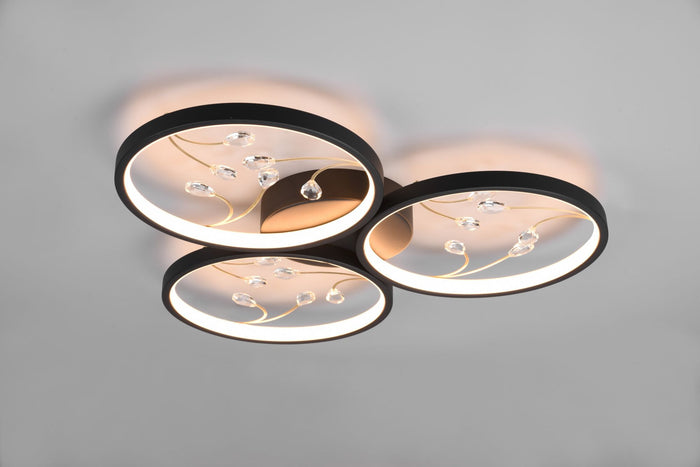 Plafoniera GROOVY LED 3 cerchi con funzione di regolazione intensità gemme trasparenti nera 642110332