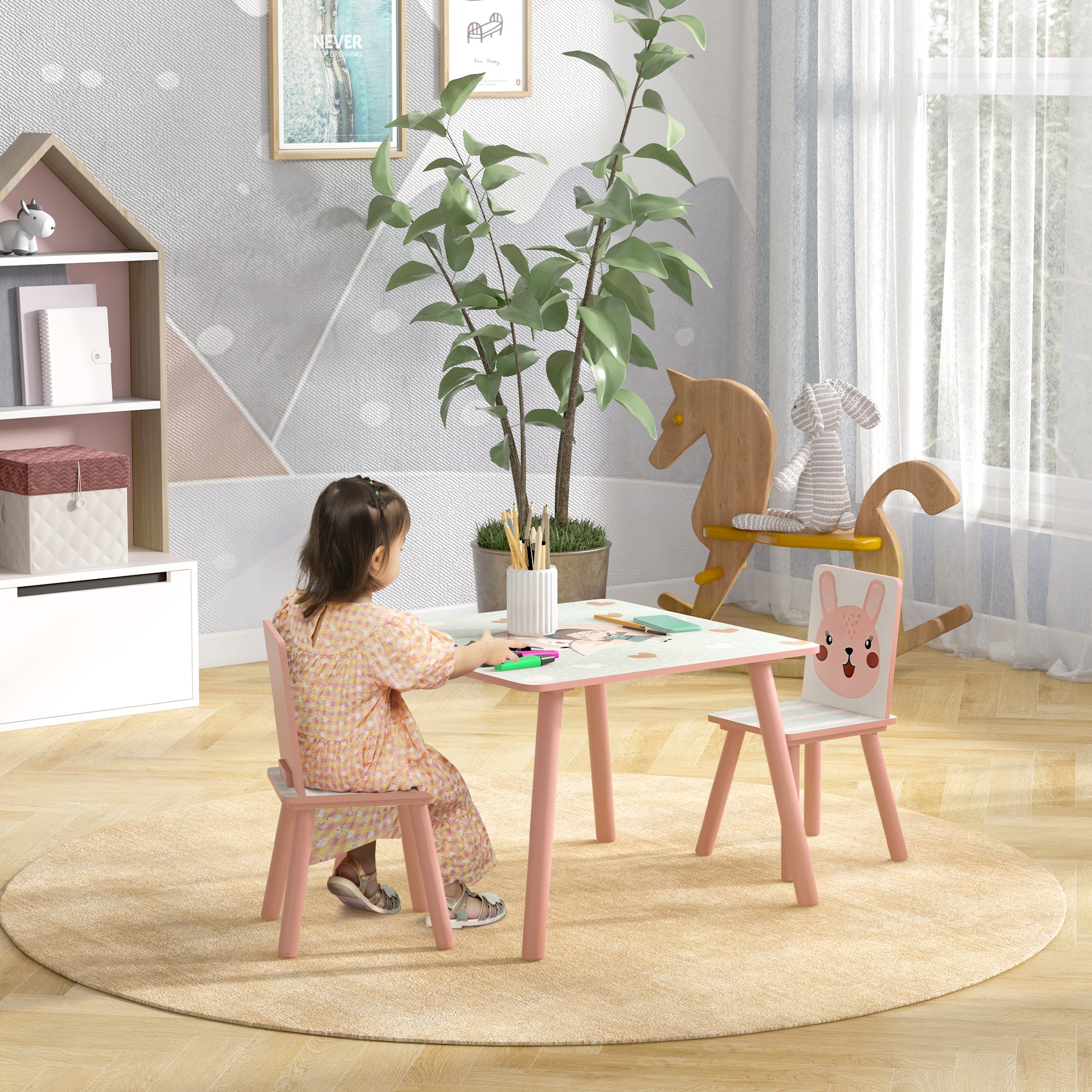 Set Tavolo con 2 Sedie per Bambini in Legno di Pino e MDF Rosa