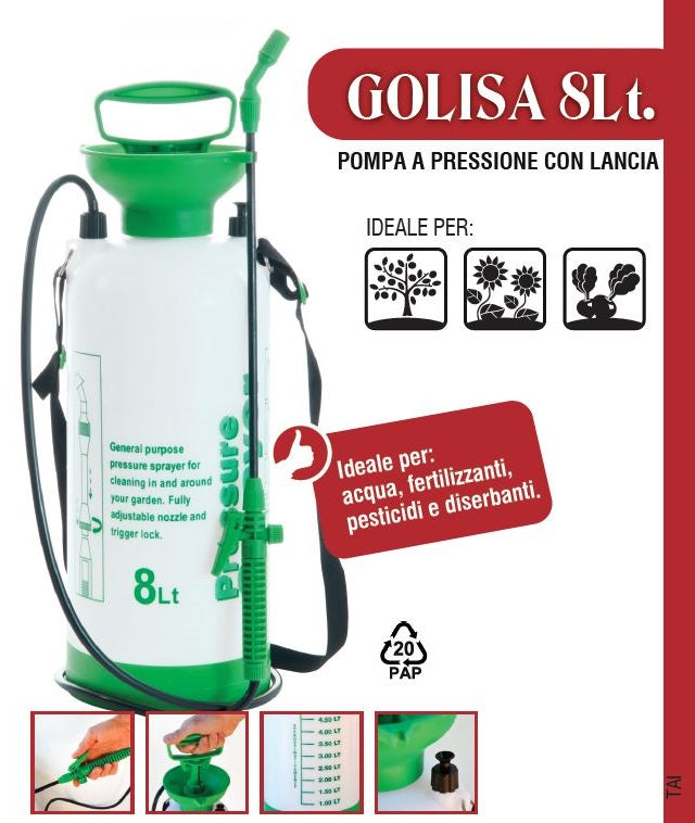 Pompa a pressione con irroratore a zaino, spalla per giardino orto Golisa 8 Lt