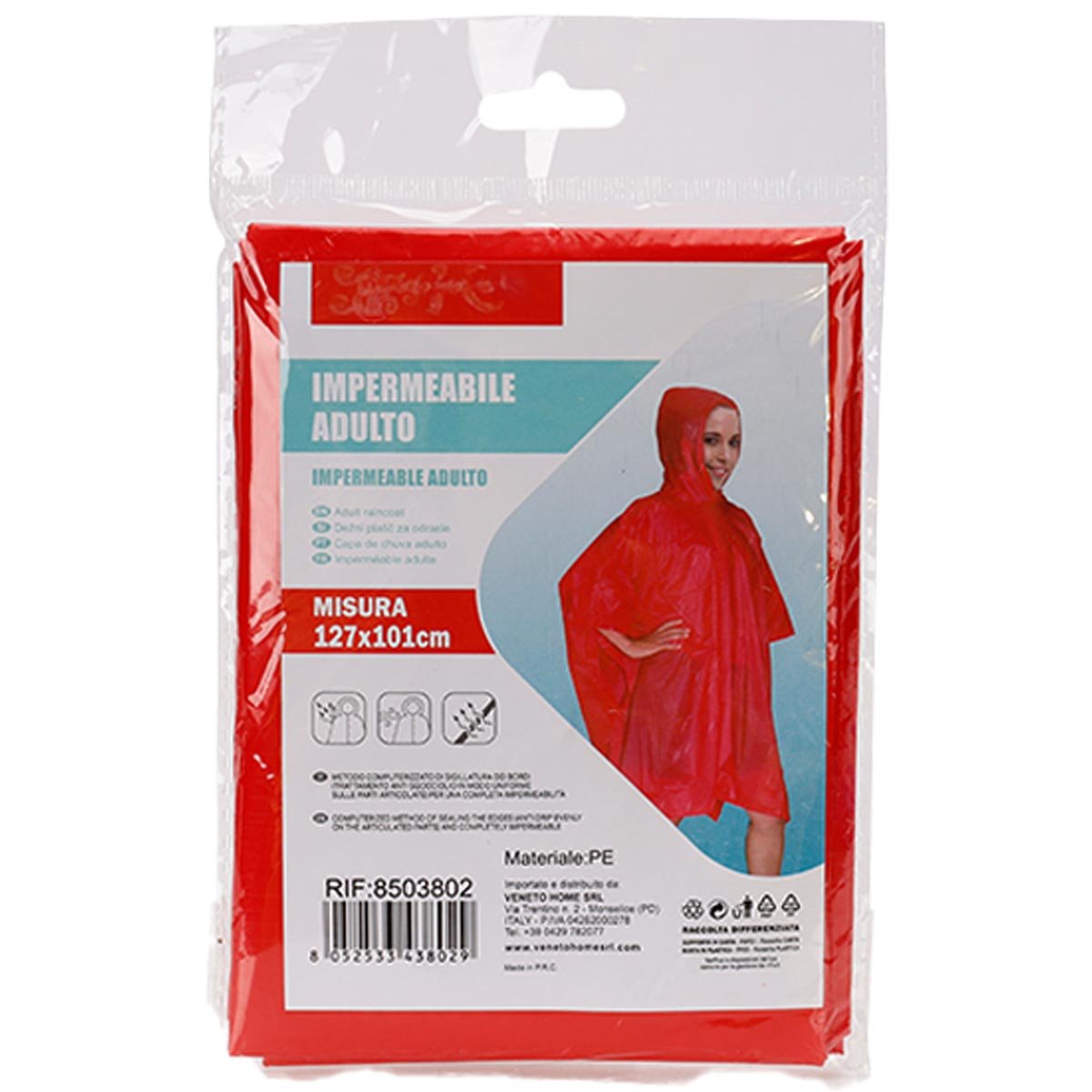 Poncho Impermeabile adulto 101x107cm Colore Assortito Blu o Rosso