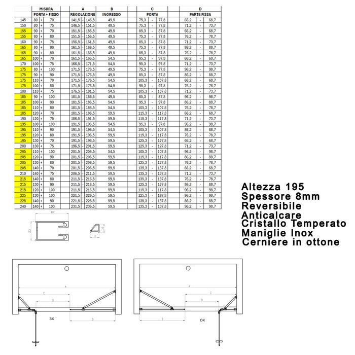 Porta doccia anta battente cristallo 8mm h195 cm regina, misura 205