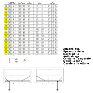 Porta Parete Doccia 205 cm 1 Anta Battente in Cristallo Trasparente 8mm H195 Bonussi Iole