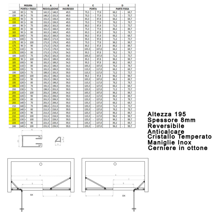 Porta Parete Doccia 205 cm 1 Anta Battente in Cristallo Trasparente 8mm H195 Bonussi Iole