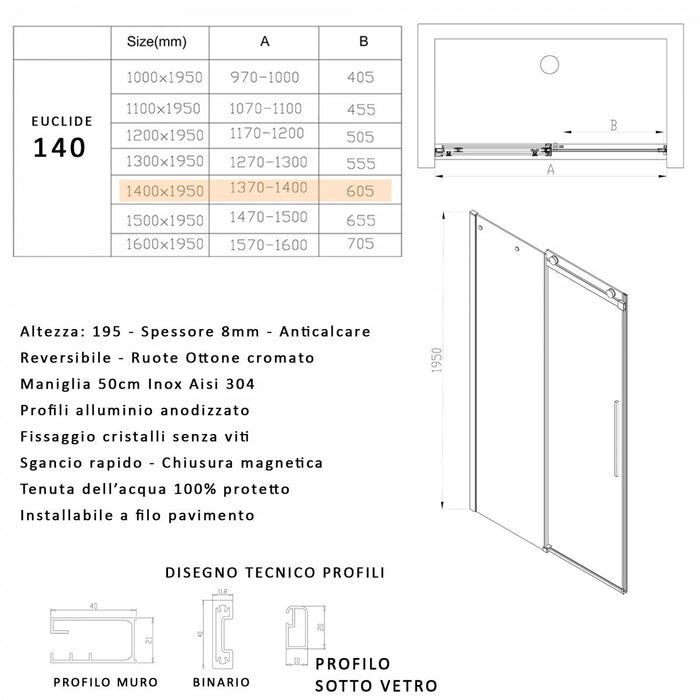 Porta doccia scorrevole fumè anticalcare 195h 8mm euclide, misura 140