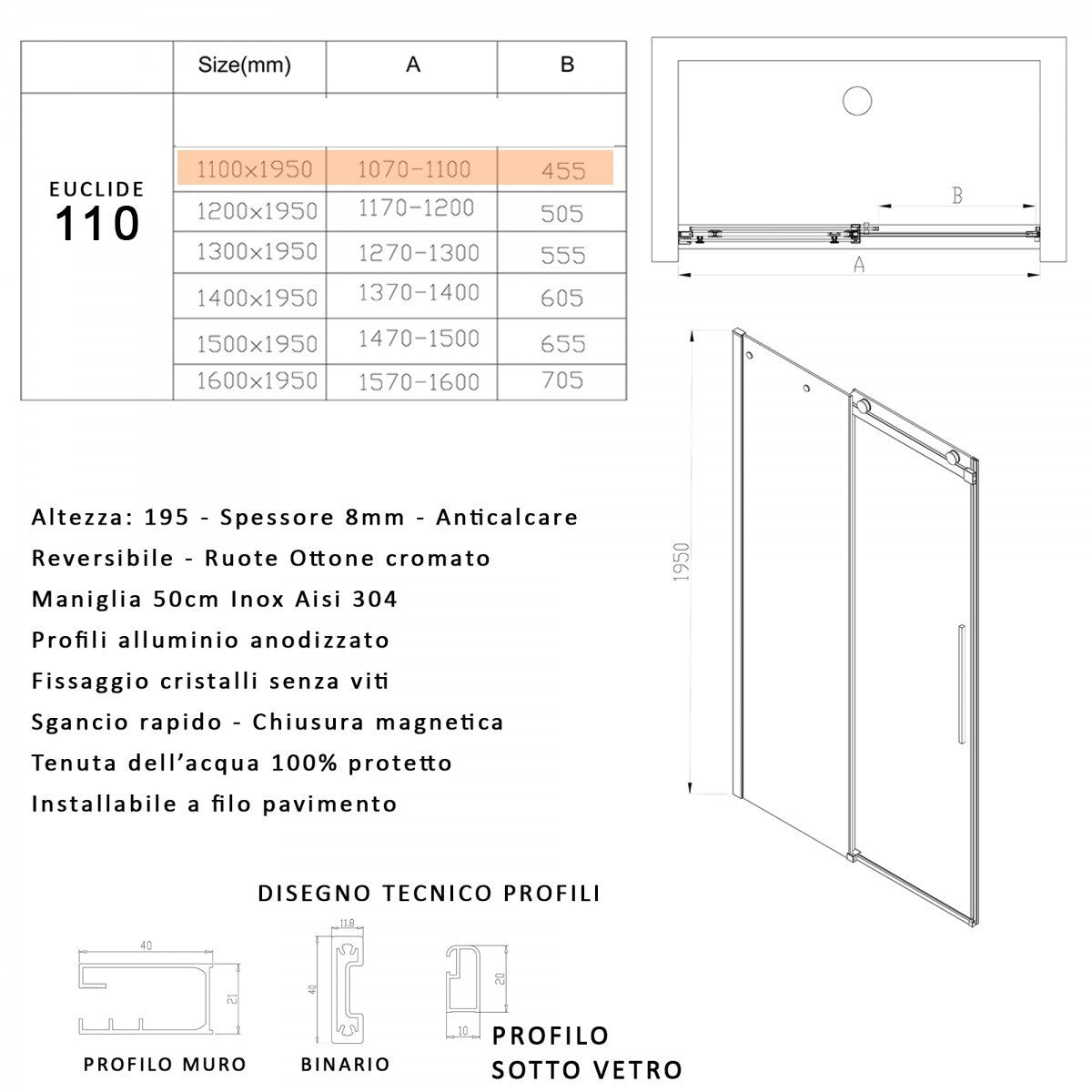 Porta doccia scorrevole fumè anticalcare 195h 8mm euclide, misura 110