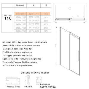 Porta doccia scorrevole fumè anticalcare 195h 8mm euclide, misura 110