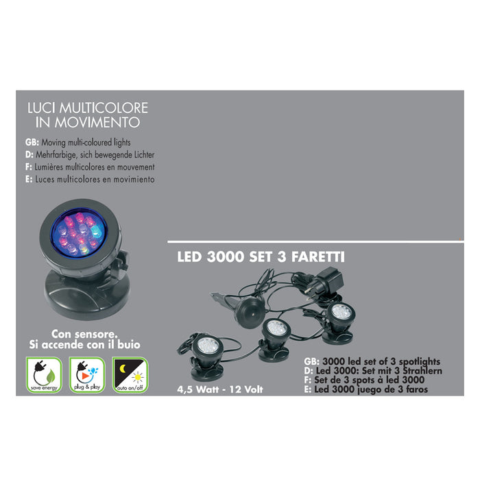 Set 3 faretti per laghetto con sensore di accensione sommergibili led 3000