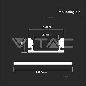 Profilo in Alluminio per Strisca Strip LED (Max l: 12,4mm) Copertura Satinata 2000 x 17,4 x 7mm