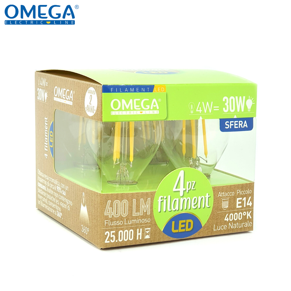 Set 4 Pezzi Lampadine Filament Sfera P45 Luce Naturale: 4W - 4000K - E14 - A+