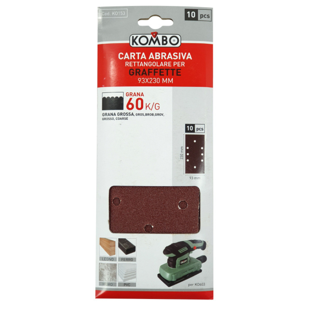 Set 10 ricambi carta abrasiva rettangolare per graffette 93x240mm grana 60 Per