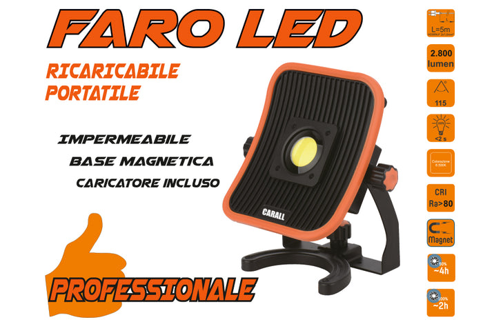 Proiettore Faro Led Flood Professionale 30W Ricaricabile e Cavo 5 Metri Dual System Base Magnetica Batteria Estraibile Utilizzabile Come Power Bank