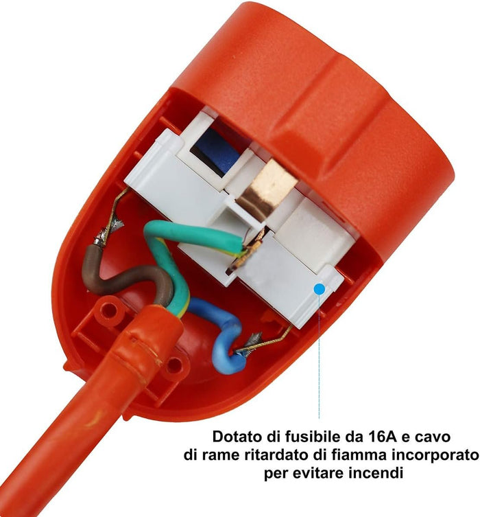 Prolunga Elettrica Lineare Colore Arancione 10M 3X1.5mm Spina Italiana 16A Presa Bipasso Schuko 10/16A Max 3500W