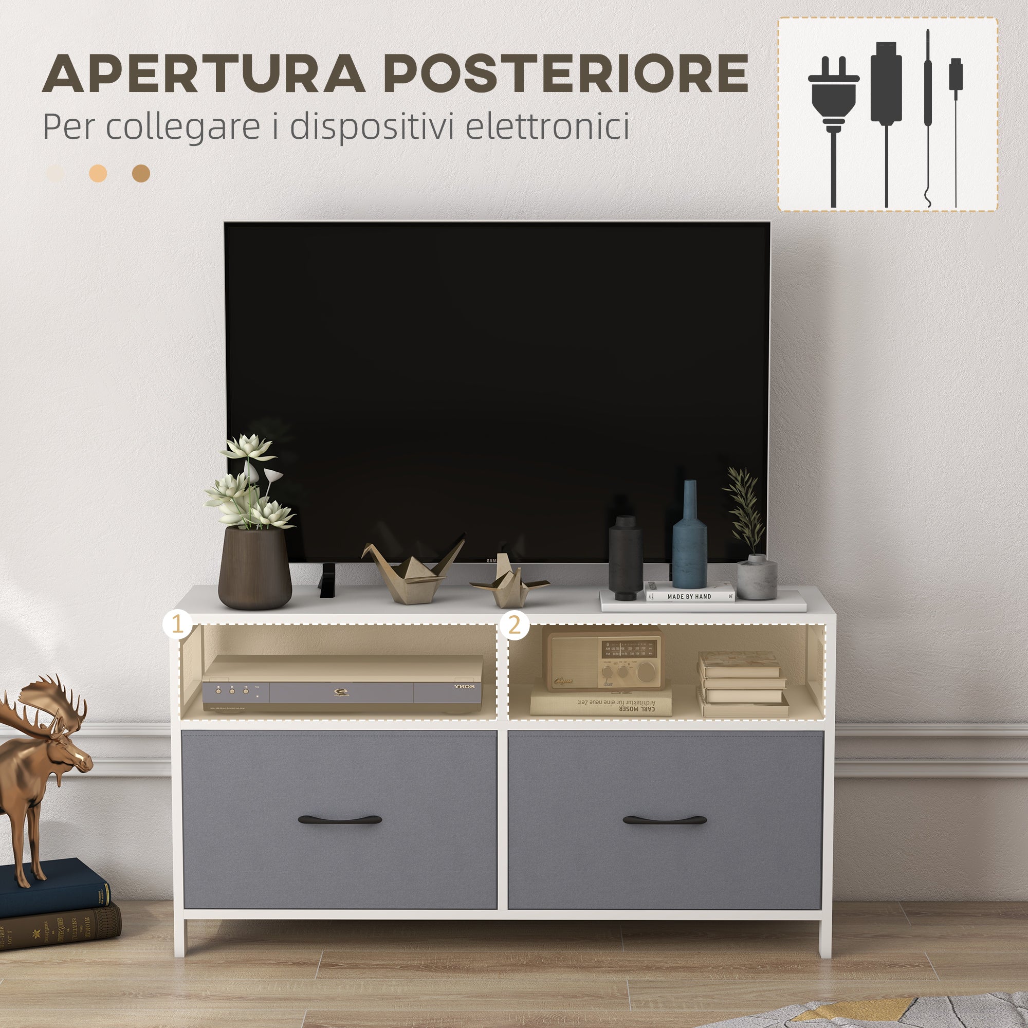 Mobile TV max 45” 100x30x53 cm in MDF e 2 Cassetti Tessuto non Tessuto Bianco e Grigio