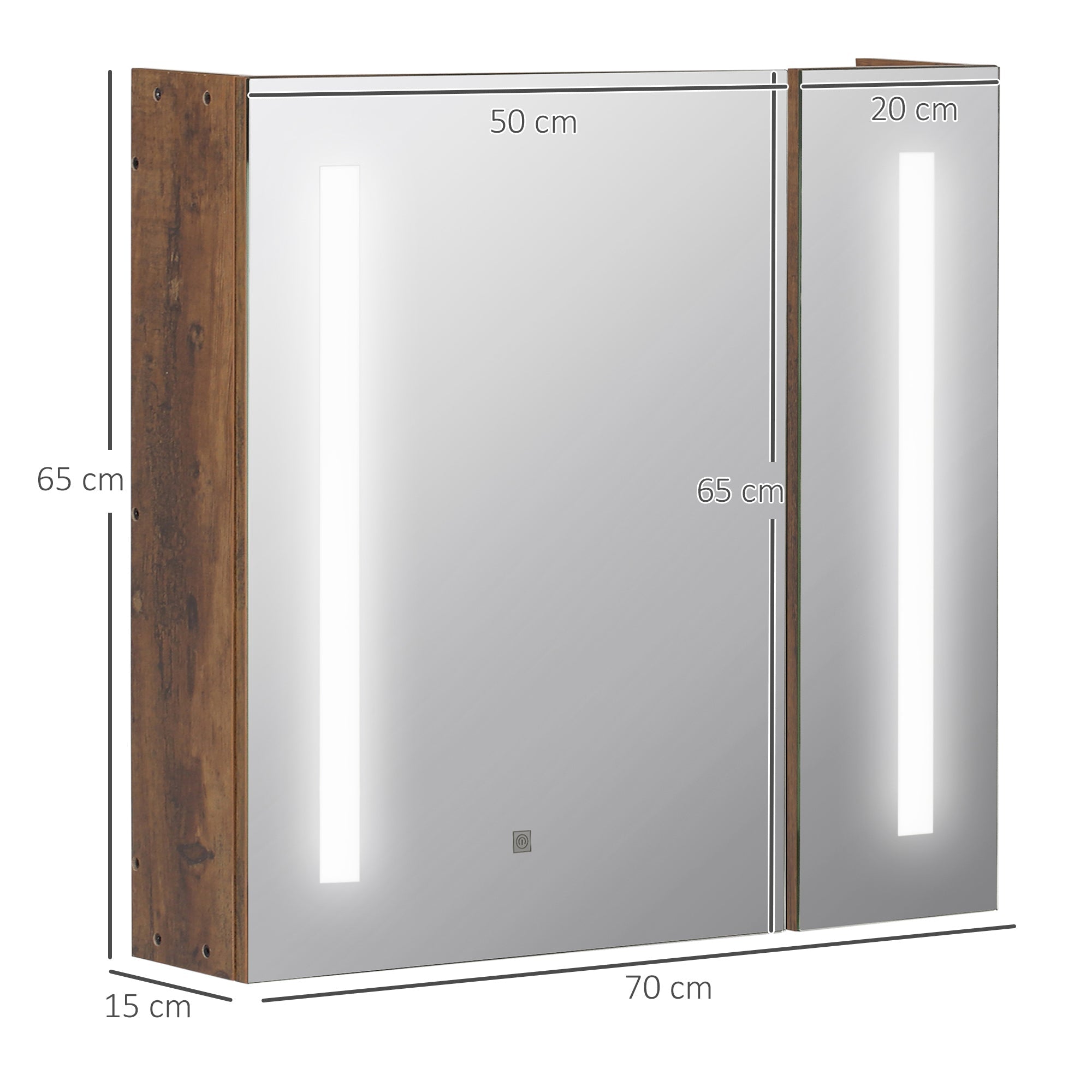 Specchiera Bagno con Luci LED Regolabili 70x15x65 cm 2 Ante e Mensola Regolabile Marrone