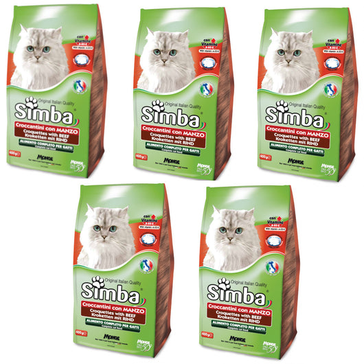 Multipack da 5 confezioni di simba croccantini per gatto al gusto manzo da 2 kg ciascuna