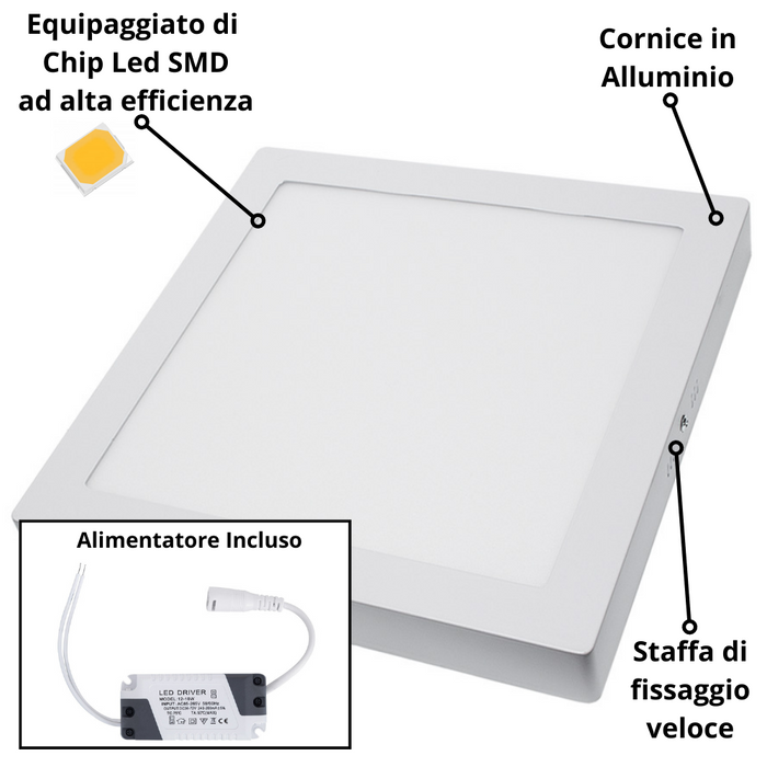 Plafoniera led soffitto 24watt slim quadra alimentatore incluso temperatura 4500k bianco naturale