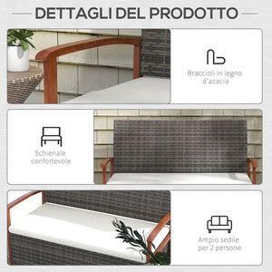 Divano da Giardino 2 Posti con Spazio Portaoggetti e Cuscini 127.5x64x81 cm in Rattan e Acciaio