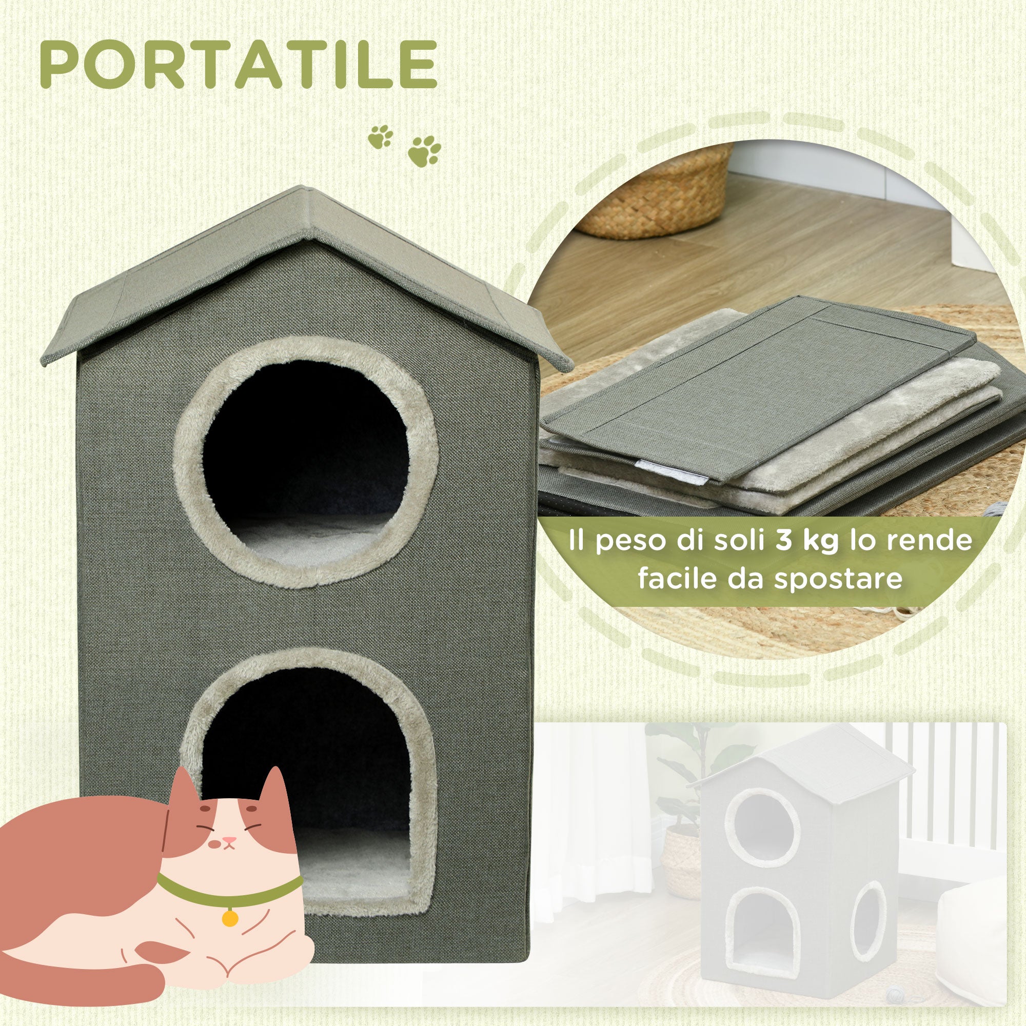 Casetta per Gatti a Due Livelli 42x46x59,5 cm 3 Entrate con Cuscini Verde