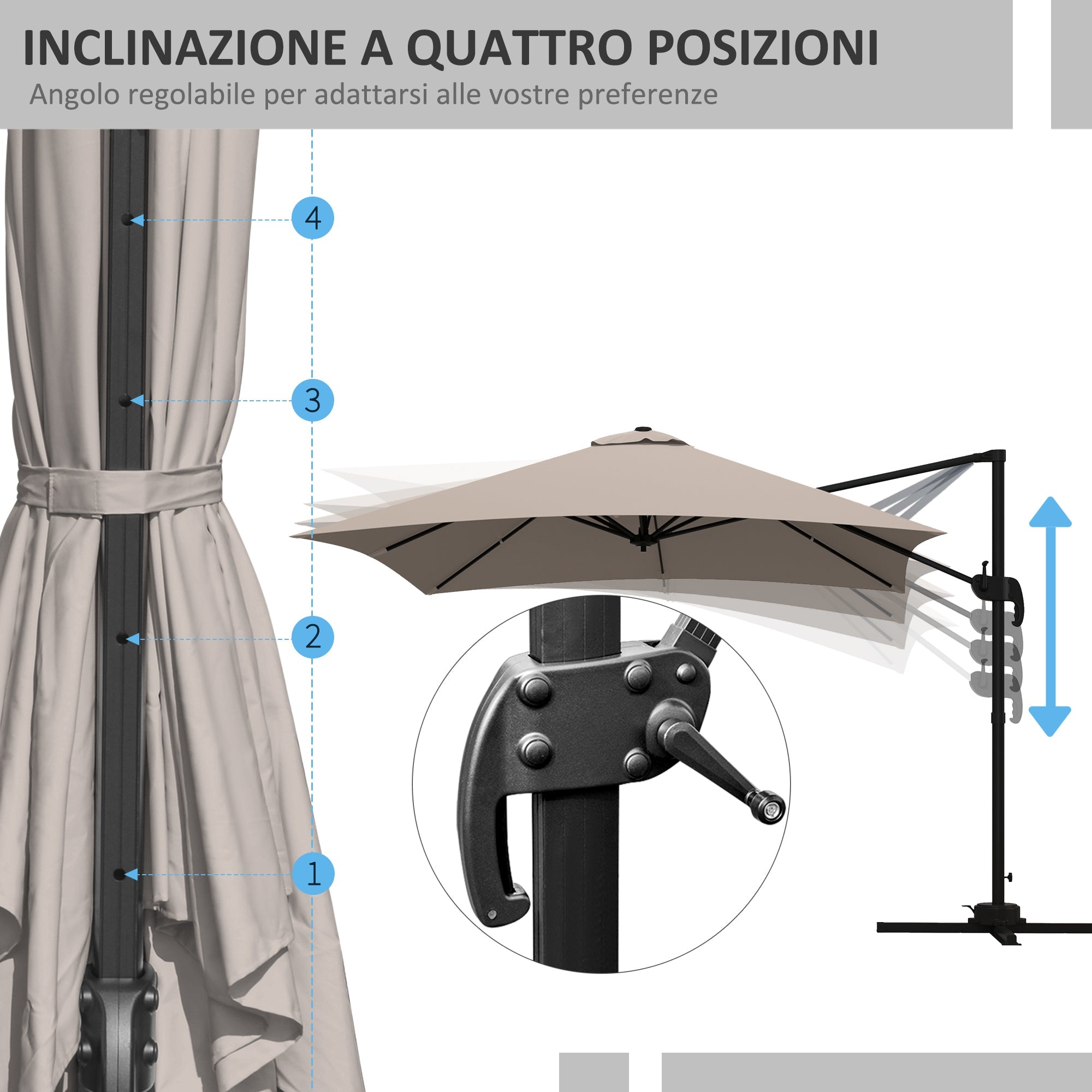 Ombrellone da Giardino Decentrato 3x3 m 8 Stecche Pedale e Manovella in Alluminio e Poliestere Khaki