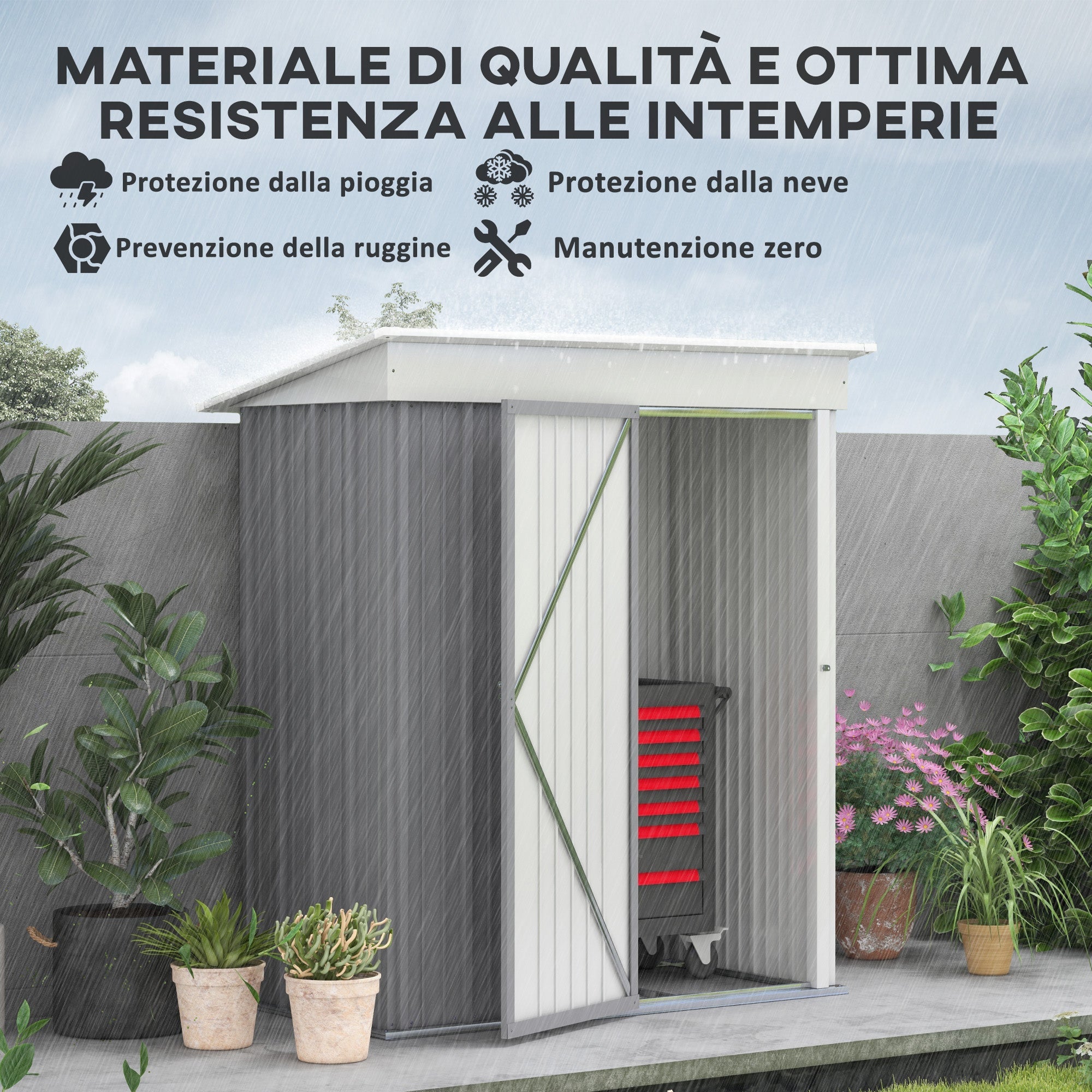 Casetta da Giardino Porta Attrezzi 161x95x163/181cm in Acciaio con Porta Bloccabile Grigio