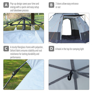 Tenda da Campeggio 4 Posti in Acciaio e Tessuto Oxford 2,6x2,6x1,5m con Apertura Automatica e Accessori Grigia e Nera