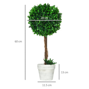 Set 2 Piante Artificiali Alberi di Bosso da Interno ed Esterno Ø28x60 cm con Vaso Verde