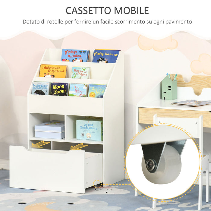 Libreria per Bambini 60x29,9x90 cm con Ripiani e 1 Cassetto in MDF Bianco